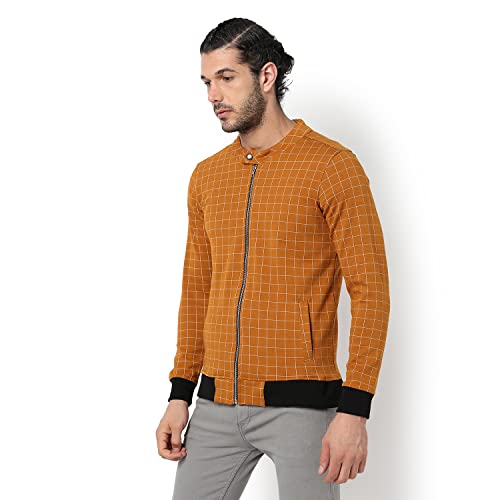 Image of Campus Sutra Men's Rust Orange Checked Textured Regular Fit Cotton Jacket For Winter Wear | Round Neck Collar | Full Sleeve | Zipper | Casual Jacket For Man | Western Stylish Jacket For Men