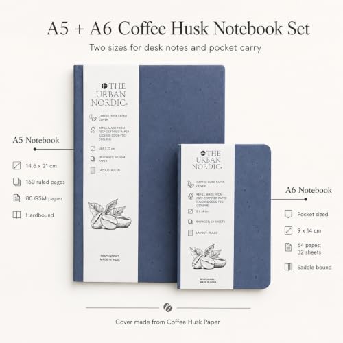 Image of Coffee Husk Paper Notebook Set of 2 - A5 Hardbound Journal 160 Ruled Pages + A6 Pocket Notebook 64 Ruled Pages, FSC Certified Recycled Paper, Eco Friendly Diary Set for Work, Study & Gifting
