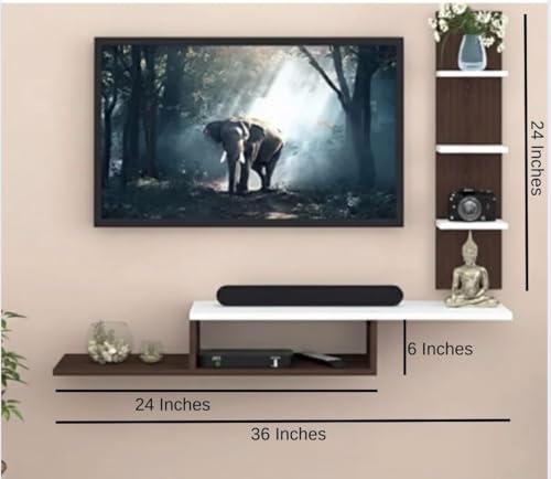 Image of Bros Moon Wall Mounted TV Cabinet, L-Shape, Choco White, MDF, Modern Style, Laminated Finish, for Living Room, Suits TV up to 55 Inches (Mocha White, Dual L 36 Inches Base)