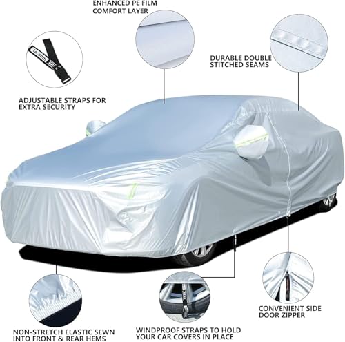 Image of Tecoom Waterproof Sedan Car Cover Oxford W /Door Zipper, All Weather Car Cover for Automobiles, UV-Proof Windproof Hail Sun Snow Protection Indoor Outdoor Full Exterior Covers Fit 201-210 Inches