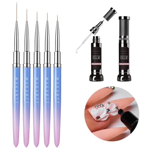 Makartt Updated 2pcs Nail Rhinestone Glue Gel with Brush& Pen tip, Clear Nail Glue Bundle with Makartt Nail Art Brushes? Liner for Nails, 5pcs, 7/9/11/15/25mm, Easy Hold