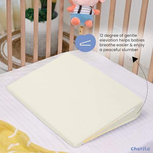 Image of Cherilo Half Size Elevated Wedge Pillow for Baby Crib & Mattress, Helps to Elevate Baby for Acid Reflux, Colic, GERD, Heat Burn & Vomiting | 19 inch x 13.5 inch x 3 inch | - with Removable Velvet Cover - Cream