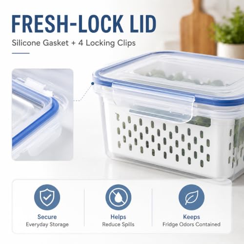 Fruit Storage Containers for Fridge, 4 in 1 Food Storage Container with Lids, Transparent Plastic Fruit Containers for Fridge Keep Fresh-Including Drain Basket, Soak, Wash, Drain & Store (Gray, M) - Image 8