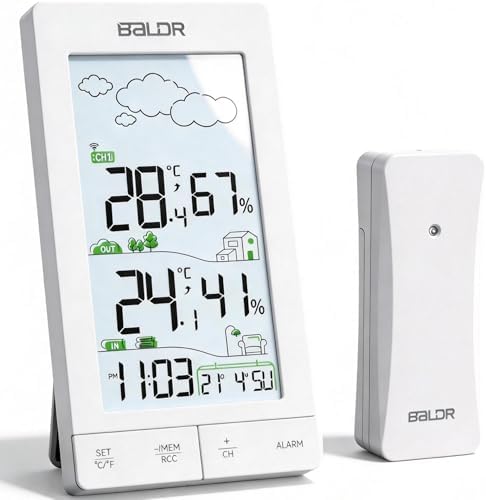 Konsen Wetterstation Funk mit Außensensor, Bedienung über vordere Tasten | 5" Display, DCF Funkuhr, Thermometer und Hygrometer, Wettervorhersage, Batteriebetrieb, 1 Sensor