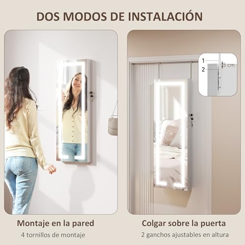 Miniatura 6 de Homcom Espejo Joyero De Pared Armario Para Joyas Colgante Con Luces Led Y Cerradura Espejo Integrada Armario De Joyas Para Colgar En La Pared O En La Puerta Blanco Y Forro Crema