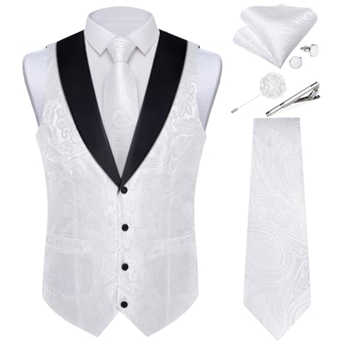Image of DiBanGu Mens Paisley Suit Vest Silk Jacquard Waistcoat and Necktie Set Formal Shawl Collar Dress Vest 7PCS for Wedding Party