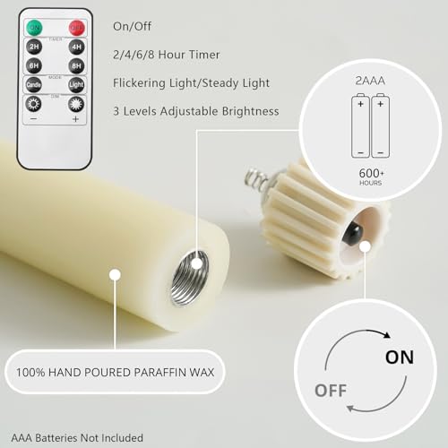 Stmarry Ivory Flameless Taper Candles with Remote and Timer, 9.65 Inch Real Wax LED Candlesticks, Battery Operated Tall Taper Candles with 3D Flickering Flame, Christmas Home Wedding Decor, 3 Pack by Stmarry - Image 6