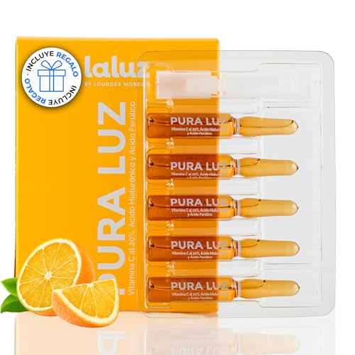 LaLuz by Lourdes Moreno Pura Luz · 5 Ampollas Sérum Vitamina C 20% Ácido Hialurónico y Ferúlico · Antioxidante Antiedad Antiarrugas Despigmentante Luminosidad · Productor Colágeno Elastina · 5x2ml