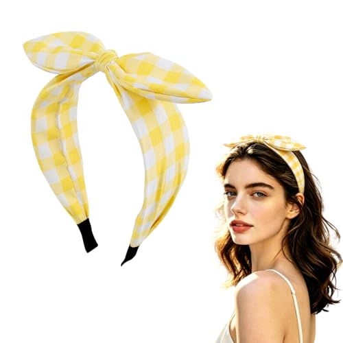 Checker Bowknot Hairband for Women Girls Curly Long Hair Accessories No Slip Wide Gingham Bow Headband for Sweet Girls Holiday Hair Accessory Birthday Cosplay Party Hair Hoop Yellow White Grid image 5