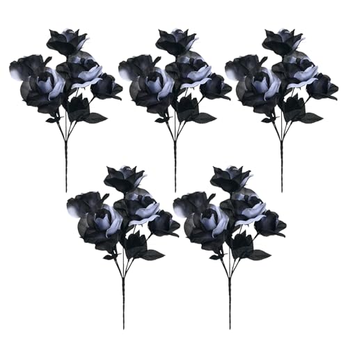 Flowers in Black and White | 5 Pieces Realistic Floral Gothic Flowers with Stems for Party Table Centerpieces Bedroom Bathroom Graduation