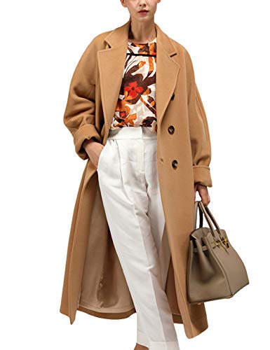 Himosyber Women's Vintage Wool Blend Plaid Lapel Pocketed Button Long Shacket Coat (Camel, Medium)