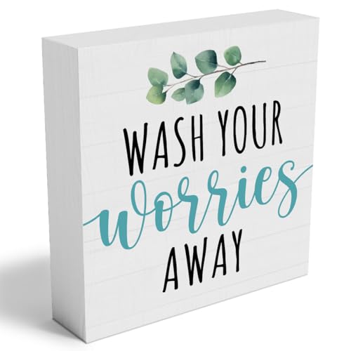 Funny Cute Laundry Room Bathroom Decor, Wash Your Worries Away House Shaped Wood Block Sign, Restroom Toilet Washroom Guest Bathroom Toilet Decor for Table Shelf (5x5 inch)