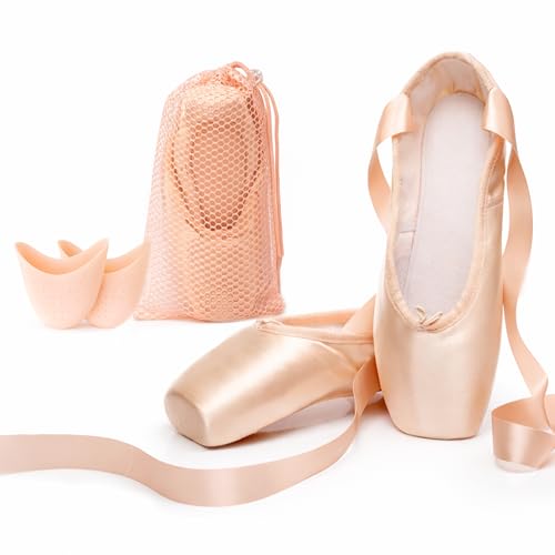 Danzcue Ballet Pointe Shoes for Womens Professional Hard Shank Toe Shoes Satin Ballet Pointe Shoes with Pre-Sewn Ribbons Pink 6.5M