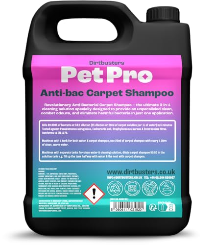 Dirtbusters Pet Pro Antibacterial Carpet Cleaner Shampoo Solution (5L) Kills 99.99% Of Bacteria, Powerful Cleaning To Remove Soiling & Neutralise Pet Odour, Urine & Stains, Wool Safe