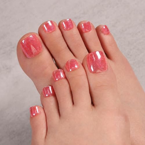 Nail Reformation Press On Toenails, Pomegranate Pink | Glitter Short Square Fake Toe Nails with...