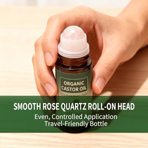 Maidlure Organic Castor Oil Roll-on with Rose Quartz, 100% Cold-Pressed Organic Castor Oil Glass Bottles Roller for Skin, Brows & Lashes 1.7oz (1)