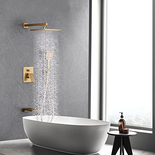 Gabrylly Shower System With Tub Spout, Wall Mounted Shower Faucet Set For Bathroom With High Pressure 10" Rain Shower Head And 3-Setting Handheld Shower Head Set,Brushed Gold #TOP1