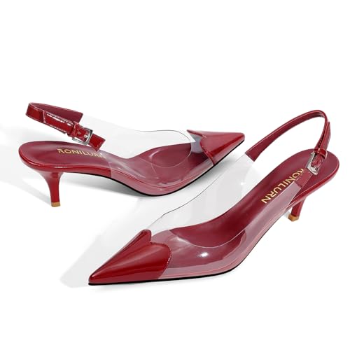 Image of Women's Kitten Heels Clear Slingback Closed Pointed Toe Pumps Low Heel Dress Shoes Sling Back Comfortable Transparent PVC