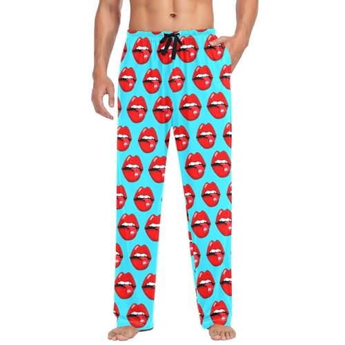 Men's Red Lips Pajama Pants with Pockets - Straight Fit Cotton Sleep Bottoms for Lounge & Nightwear#253