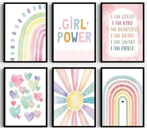 6Pcs Pink Boho Sun Rainbow Wall Art Colorful Heart Pattern Poster Prints Girl Power Canvas Pictures for Toddler Nursery Girl Kids Room Self-affirmation Wall Decor 8x10In Unframed