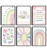 6Pcs Pink Boho Sun Rainbow Wall Art Colorful Heart Pattern Poster Prints Girl Power Canvas Pictur...