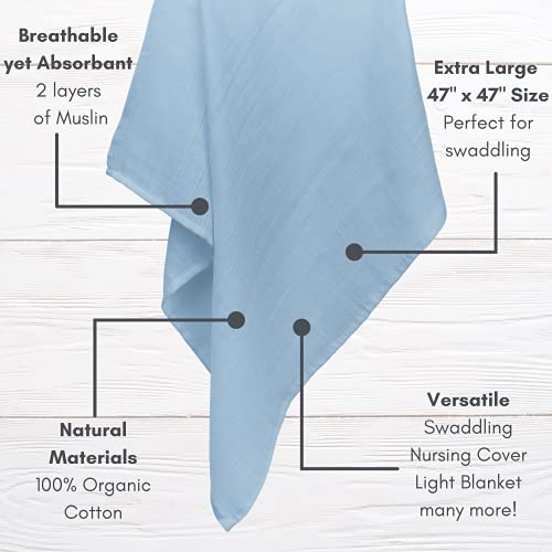 Mozah Organic Muslin Swaddle Blankets - 100% Soft Organic Cotton - Baby Girl Blanket And Baby Boy Blanket - Ideal Baby Registry Items Unisex Essentials - Baby Swaddles (Dark And Light Blue) #TOP1