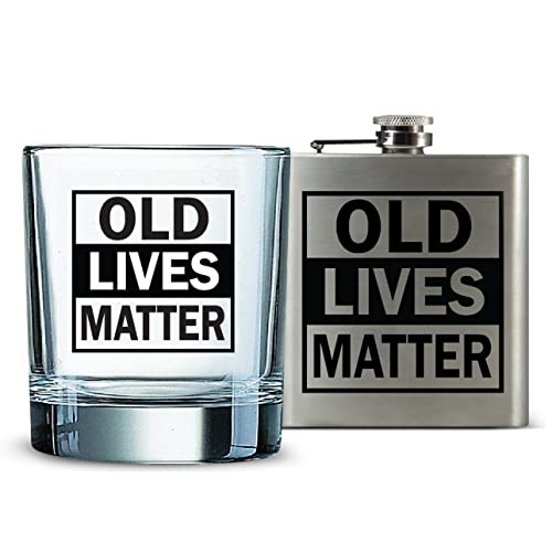 Old Lives Matter | 11 Oz Whiskey Glass & Stainless Steel Hip Flask Gift Set | Funny Novelty Gift For Retirement, Birthday, Co-Workers & Whiskey, Bourbon, Scotch, Tequila, Brandy And Mixed Drink Lovers #TOP11