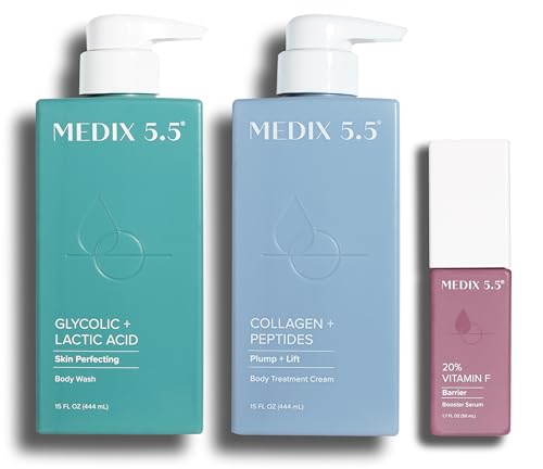 Medix 5.5 Glycolic Acid Body Wash + Collagen + Peptides Firming Body Cream + 20% Vitamin F Anti-Aging Booster Serum Set