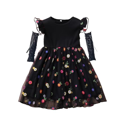 2-6T Girls Casual Dress Layered Tulle Skirt, Toddler Summer Flutter Sleeve, Embroidered Mesh with Sunscreen Sleeves