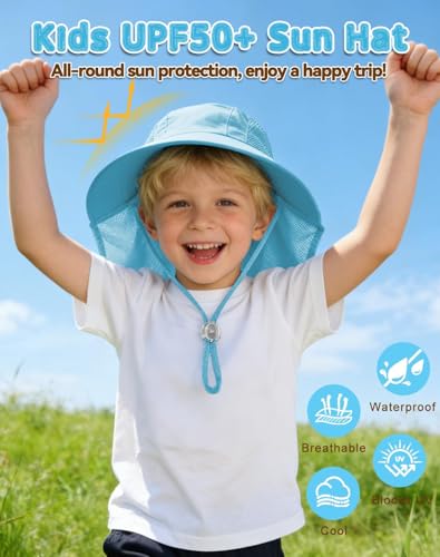 Image of Rosoz Kids Sun Hat with Neck Flap UV Protection Summer Toddler Beach Hat Unisex Ponytail Hat Wide Brim Fishing Hat