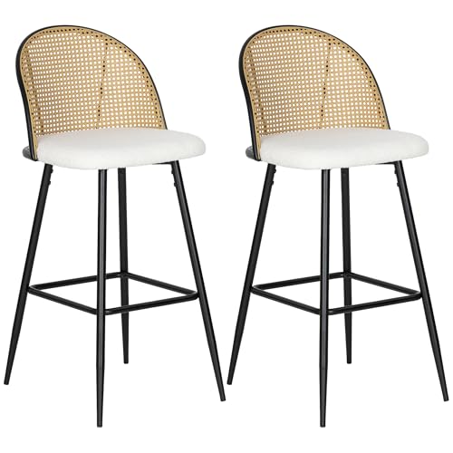 HOMCOM Juego de 2 Taburetes de Bar, Taburetes Altos de Cocina con Respaldo de Ratán, Asiento Tapizado en Borreguito, Marco de Acero y Reposapiés para Comedor, Mostrador, Blanco Crema
