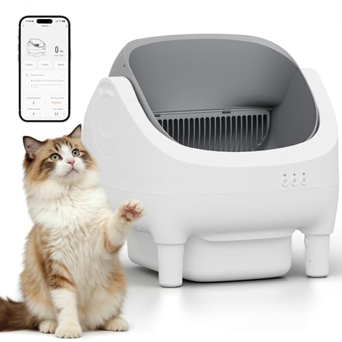 Greesum Open-Top Automatic Cat Litter Box - Self-Cleaning Function, Smart APP Operation, Effortless Odor Reduction, 15L Spacious Waste Bin, Comes with Trash Bags & Mat(Grey)