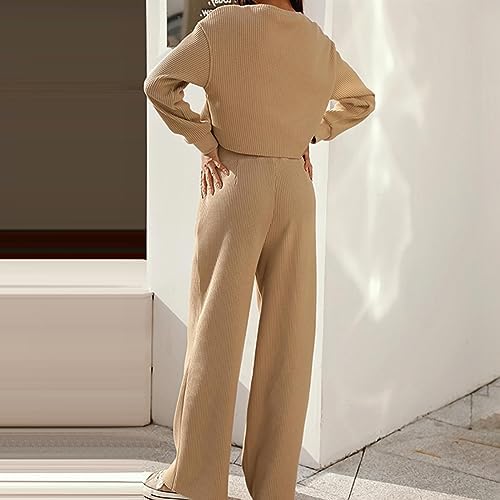 Ensemble Sport Femme 2 Pièces - Sweater Et Pantalon Large En Maille, Tenue Confortable Pour L'Intérieur