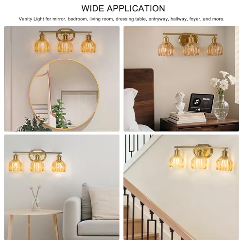 Chuntsone Gold Bathroom Light Fixture, 3-Light Bathroom Vanity Light Over Mirror with Ribbed Amber Tulip Glass Shade, Brass Wall Scone Lighting for Farmhouse, Bedroom,Living Room,Hallway by Chuntsone - Used condition - Image 8