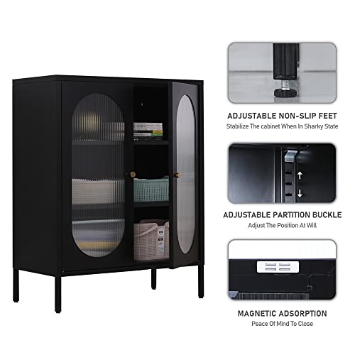 Lingzoe Black Storage Cabinet With Steel Frame And 2 Glass Door, Home Locker Sideboard Cabinet Organizer For Books, Magazines, Dvds Storage Shelf #TOP3