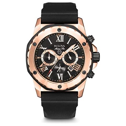 Bulova Men's Marine Star Series A Rose Gold Stainless Steel 6-Hand Chronograph Quartz Watch, Black Silicone Strap Style: 98B104 Cover
