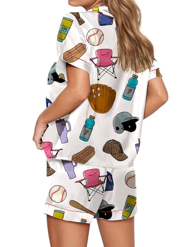 Image of SHESHOW Pajamas for Women Set Satin Button Down Short Sleeve Top and Shorts Pjs Sets Sport Ball Print Sleepwear XS-XXL
