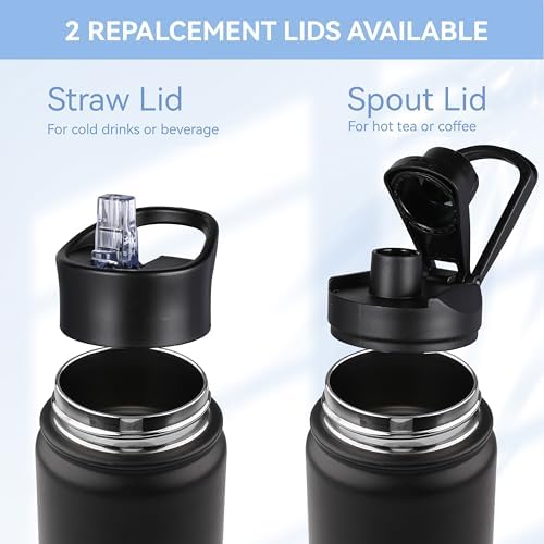 HASLE OUTFITTERS Insulated Water Bottle 22 oz Double Wall Stainless Steel Water Bottle Wide Mouth with Straw Lid & Spout Lid Keeps Cold or Hot(Black,1) - 4