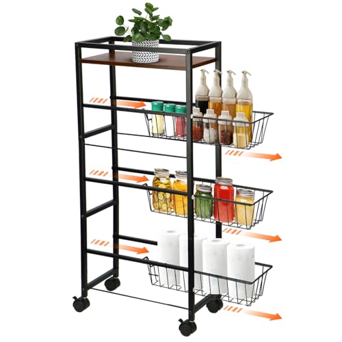 Vinnatsu キッチンワゴン キャスター付き 20cm 隙間収納 収納カート4段 スリムワゴン天板付き スライド式 幅42×奥行20×高さ90cm 洗面所 収納ラック 調味料棚 ラック 洗濯機横 冷蔵庫横収納 ランドリーワゴン 棚 スリムラック組み立て簡単