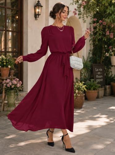 Image of LITZO Women's One Piece Dress - Georgette Solid Color Western Gown | Long Sleeve Round Neck Fit & Flare Flared Hem Design | A-Line Maxi Dress for Women | New Year Party Outfit (NO-14-16)
