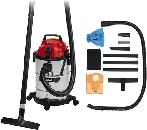 Einhell TC-VC 1820 SA - Aspiradora en seco y húmedo (1250 W, depósito de Acero Inoxidable de 20 L, Conector de soplado, Soporte para Accesorios, Enchufe automático, Incluye Manguera de aspiración,