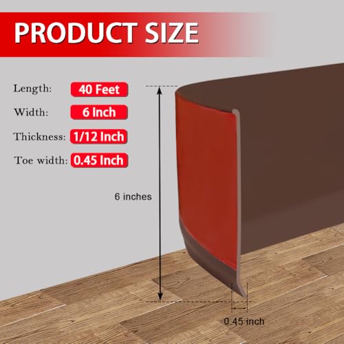 Vinyl Wall Base Baseboard Molding Trim 6" Flexible Self Adhesive Rubber Wall Base Moulding Trim Peel and Stick Design, 6 Inch x 40 Feet, Brown - Thumbnail 2