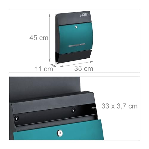 Relaxdays Design Briefkasten mit Zeitungsfach, Pulverbeschichtet, HxBxT: 45 x 35 x 11 cm, Wandbriefkasten, schwarz-grün
