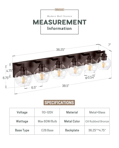 Image of 6-Light Bathroom Vanity Light, Oil Rubbed Bronze, Clear Globe Glass | 38.5 inch ORB vanity light for 48-60 inches mirrors, clear globe glass shades, E26 base, hardwired, up /down mount, VL195-ORB-6