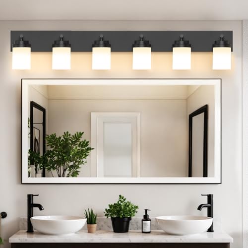 Image of IZORRO Bathroom Vanity Light Fixture, 6-Light 46 Inch Matte Black Bathroom Light Fixtures Over Mirror, with White Glass Shade, Modern Farmhouse Vanity Lights, Rustic Restroom Lighting Fixtures