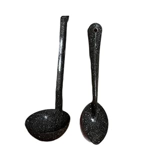 Vintage Black Speckled 12" Serving Spoon & Ladle Set Enamelware Vintage Black Speckled 12 Serving Spoon Ladle Set Enamelware