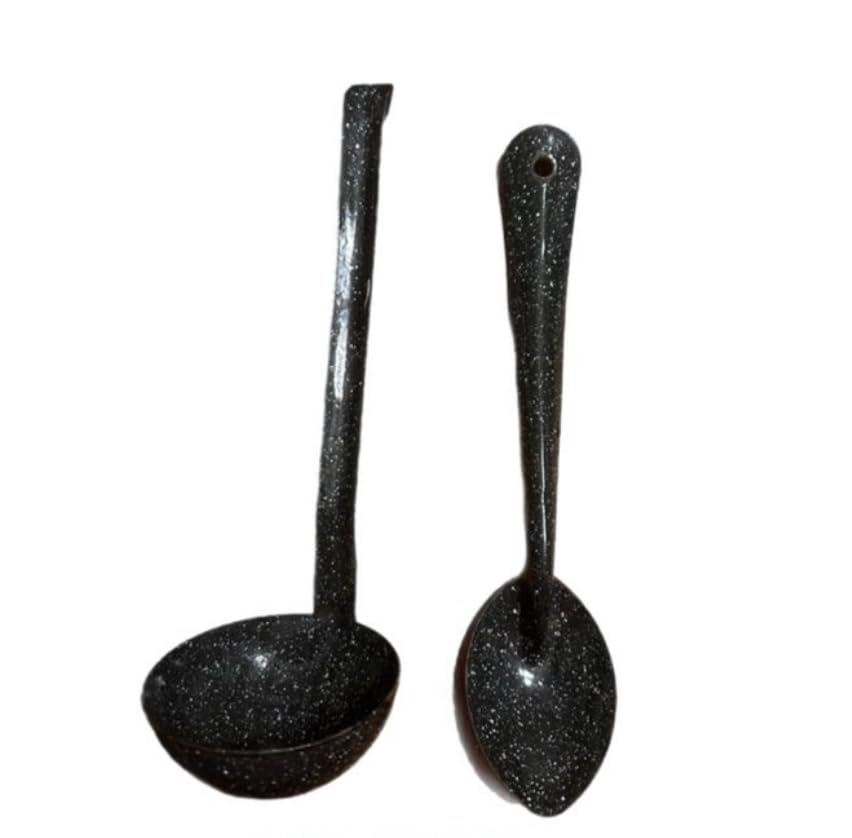 Vintage-Black-Speckled-12-Serving-Spoon-Ladle-Set-Enamelware Vintage Black Speckled 12 Serving Spoon Ladle Set Enamelware