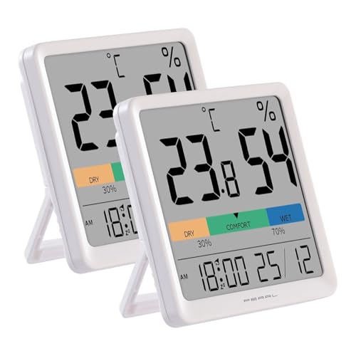 PEARL Kalendertemperaturuhr: 2er-Set Thermo- und Hygrometer, Komfort-Anzeige, Uhrzeit und Wecker (Digitale Hygro-Thermometer, Raumklima-Messgerät mit...
