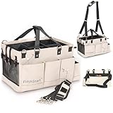 FifthStart Multiuse Cleaning Caddy - Adjustable Straps & Caddy Organizer with Handle - Mesh Base & 9 Pockets Organizer Bag - 5 Dividers & Washable Fabric Cleaning Tote (beige, XL)