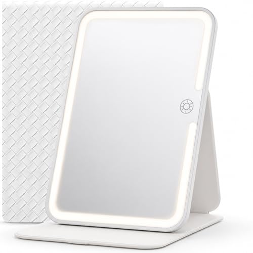 HUGOAI Travel Makeup Mirror with Lights, Woven White, 9"